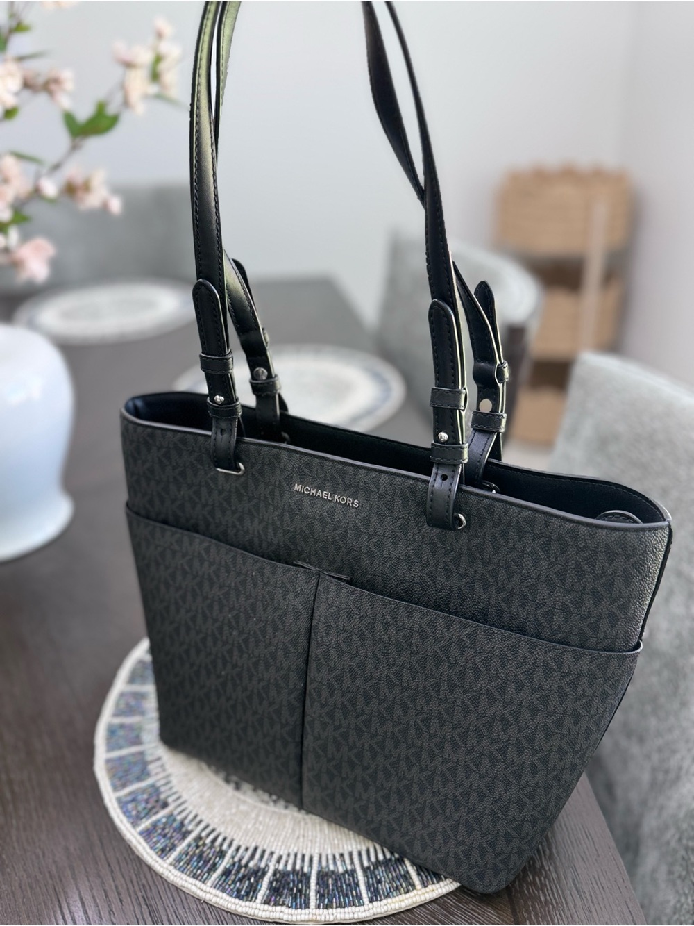 Michael Kors Black Logo-Print Tote with Dual Straps